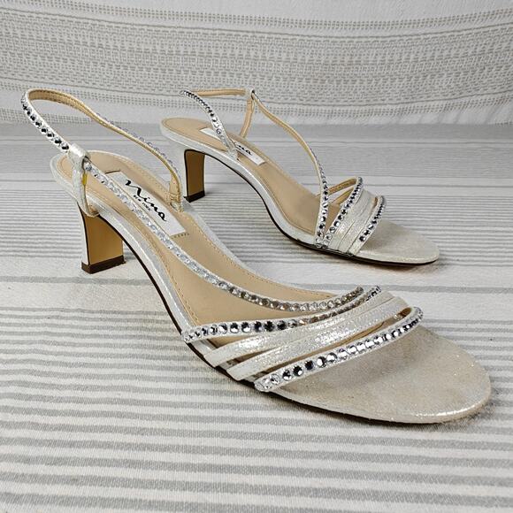 Nina New York Silver Strappy Sequined Open Toe Heels Size 6.5 - Picture 2 of 10